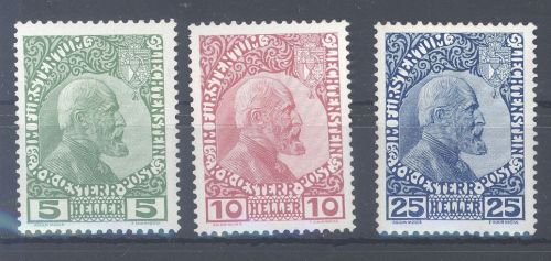 Liechtenstein, Michel Nummer 1-3x, Freimarken 1912 **