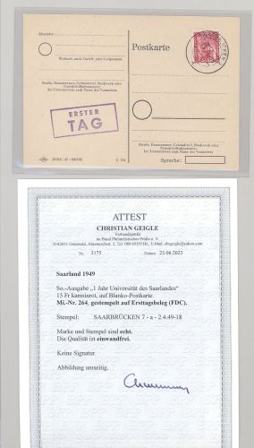 Saarland, FDC Michel Nummer 264 HZ, Uni Saarland 1949, FA BPP