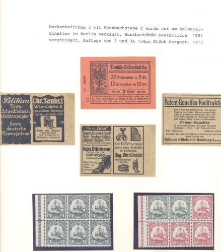 Dt. Kolonien DSWA, Blatt mit Markenheftchendeckeln und -blättern