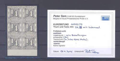 Thurn & Taxis Michel Nummer 26 als * Sechserblock, Befund BPP