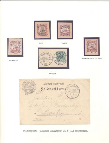 Dt. Kolonien DSWA, interessantes Blatt mit schönen Stempeln und Karte