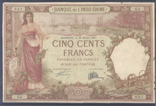 Franz. Somaliland Banknote 500 Francs (1927) Pick 9a. Zustand IV