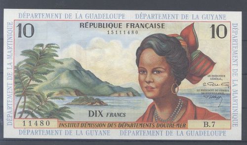Franz. Antillen, Banknote 10 Francs (1964) Pick: 8b, Zustand I