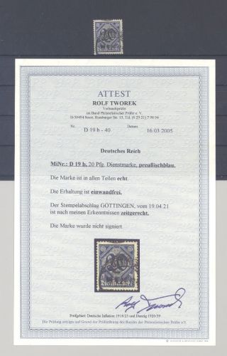 Dt. Reich Dienst Mi.Nr. 19b, 20 Pfg. 1920 Farbe b gestempelt, FA BPP