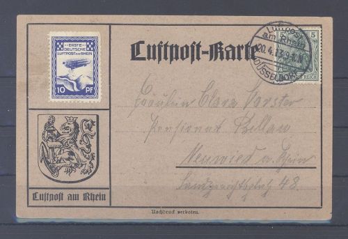 Dt. Reich Flugpost Michel Nummer 9a, 10 Pfg. Düsseldorf 1913 auf Karte