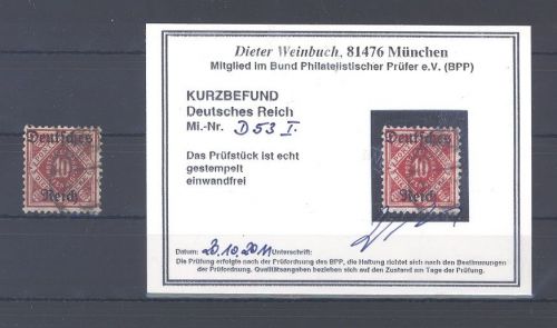 Dt. Reich Dienst Michel Nr. 53 I, 10 Pfg. 1920 gestempelt, Befund BPP