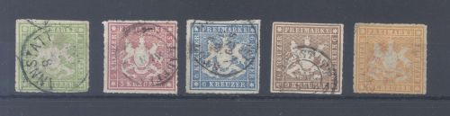 Württemberg Michel Nummer 30-34, Freimarken 1865 gestempelt