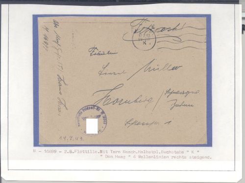 Dt. Feldpost 2. WK, Brief VS 1943 2. Flotille mit Tarnstempel "K"