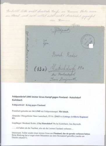 Dt. Bes. 2. WK, Feldpost Brief 1945 "letzter Gruss aus Finnland"
