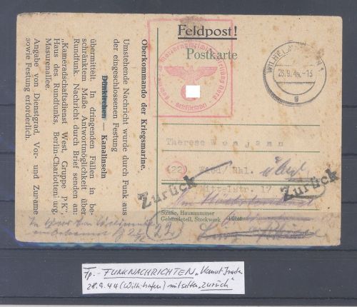 Dt. Bes. 2. WK Kanalinseln. Funknachrichtenkarte mit zurück Vermerk