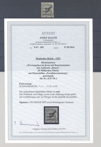 Dt. Reich Dienst Michel Nr. 87 Pe I, 20 Mrd. 1923 gestempelt, FA BPP