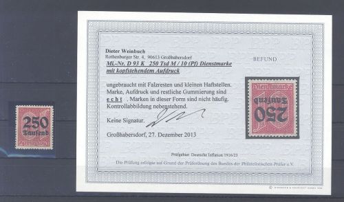 Dt. Reich Dienst Nr. 93 K, 250 Tsd. kopfstehender Druck *, Befund BPP