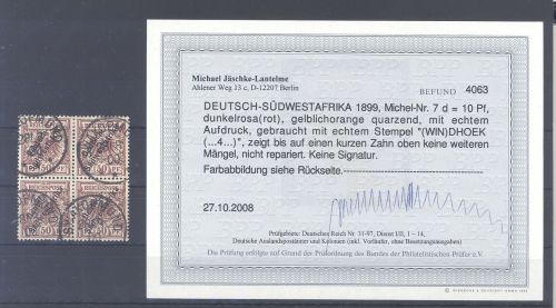 Dt. Kolonien DSWA Mi. 7d, 50 Pfg. Viererblock gestempelt Befund BPP