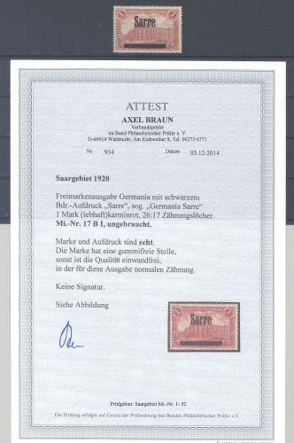 Saargebiet Michel Nummer 17 B I, 1 Mark Sarre ungebraucht * , FA BPP