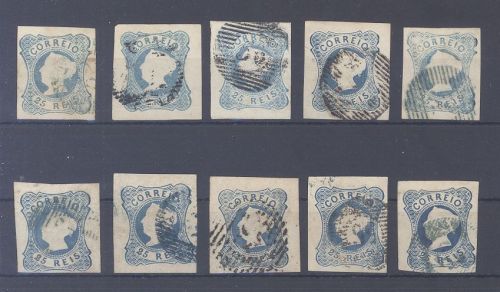 Portugal 10 x Michel Nr. 2, 25 R. Königin Maria II 1853 gestempelt