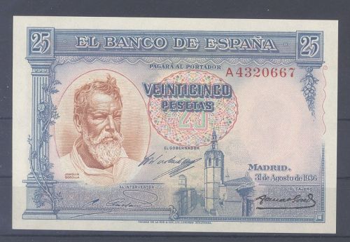 Spanien, 25 Pesetas 31.8.1936 (1938) Pick 87b, Zustand I - I-