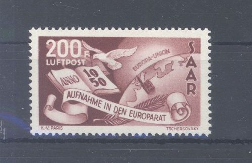 Saarland Michel Nummer 298 I, 200 Fr. Europarat 1950 Plattenfehler I **