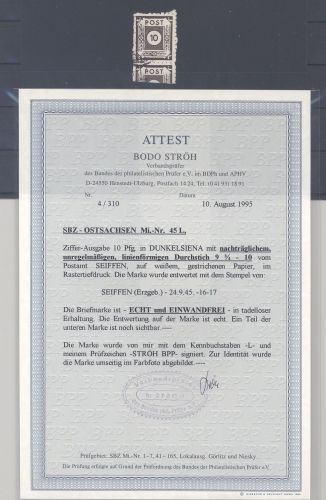 SBZ Michel Nr. 45 L, 10 Pfg. Großröhrsdorf 1945 gestempelt, FA BPP