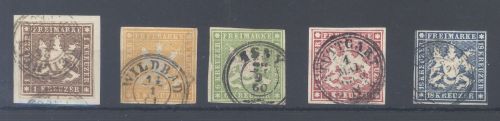 Württemberg Michel Nummer 11-15, Freimarken 1857 gestempelt.