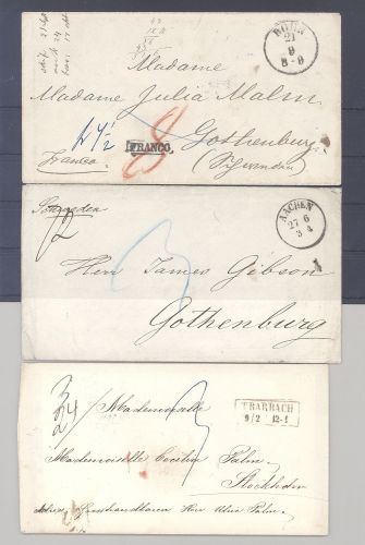 Altdeutschland Transitstempel, 3 Briefe versch. Orte nach Schweden