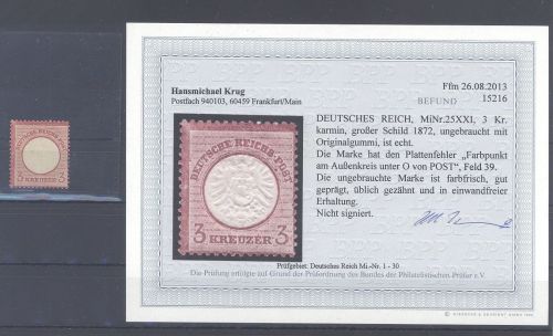 Dt. Reich Michel Nummer 25 XXI, 3 Kreuzer ungebraucht *, Befund BPP