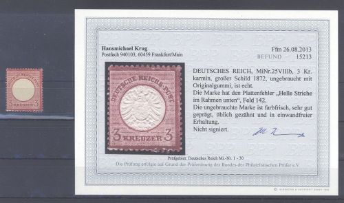 Dt. Reich Michel Nummer 25 VIIIb, 3 Kreuzer ungebraucht *, Befund BPP