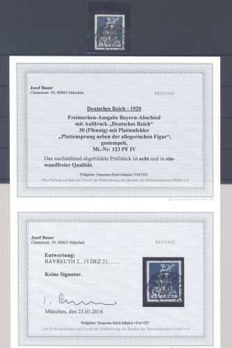 Dt. Reich Michel Nr. 123 IV, 30 Pfg. 1920 PF IV gestempelt, Befund BPP