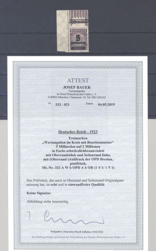 Dt. Reich Michel Nr. 332 A W b OPD A b OR, 5 Mrd. 1923 **, FA BPP