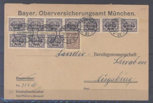 Dt. Reich Dienst, Brief 1922 mit 7er Streifen MiF aus München