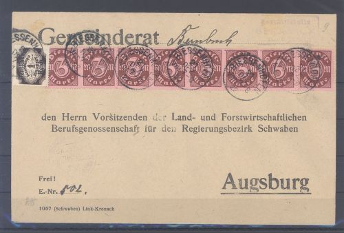 Dt. Reich Dienst, Brief 1921 mit 8er Streifen MiF aus Biessenhofen