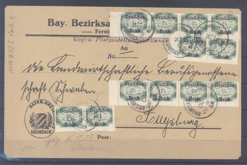 Dt. Reich Dienst, Brief 1922 mit 12 x 1-4 Mark als MeF aus Krumbach
