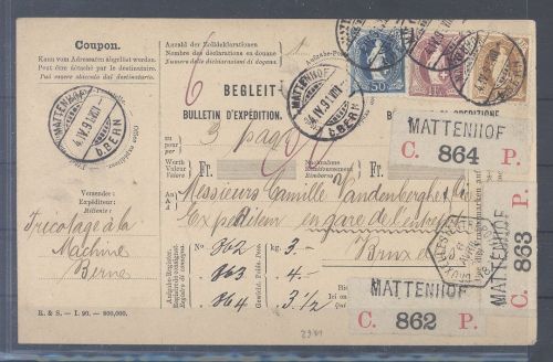 Schweiz, Paketkarte 1891 mit Michel Nummer 92-94 MiF aus Mattenhof