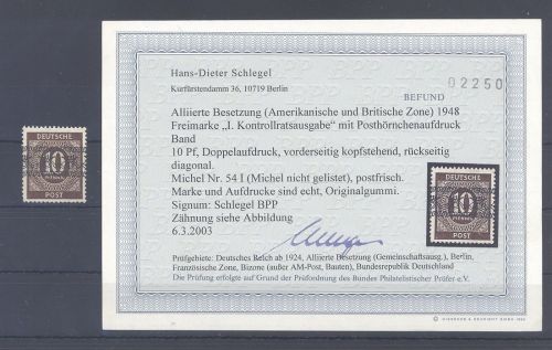 Bizone Michel Nummer 54 I, 10 Pfg. interessante Aufdrucke **, Befund BPP