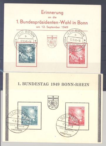 Bund, 2 Karten mit Mi.Nr. 111-12, Bundestag 1949 mit SST, 1 x FDC
