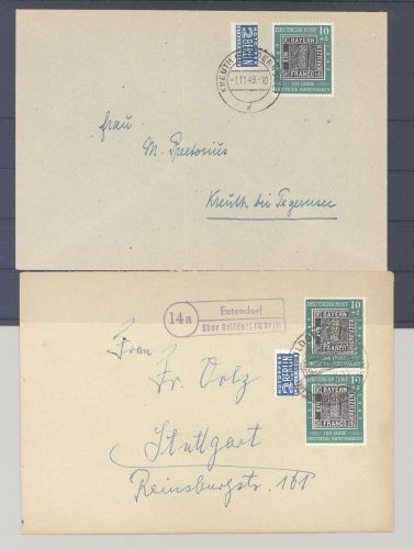 Bund, 2 Briefe mit Mi.Nr. 113, 10 Pfg. Dt. Bfm. 1949 als EF und MeF