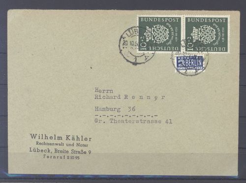 Bund, Brief mit Michel Nummer 121, 10 Pfg. Bach 1950 als MeF