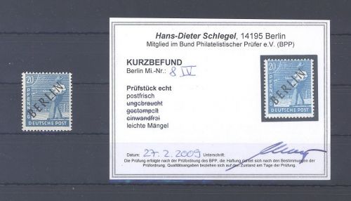 Berlin Michel Nummer 8 IV, 20 Pfg. mit PF IV **, Befund BPP
