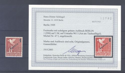 Berlin Michel Nummer 67 I, 1 Mark 1949 ungebraucht *, Befund BPP