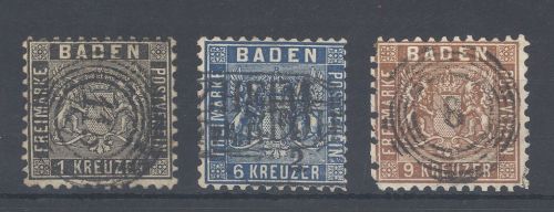Baden Michel Nummer 13-15, Freimarken 1862 gestempelt