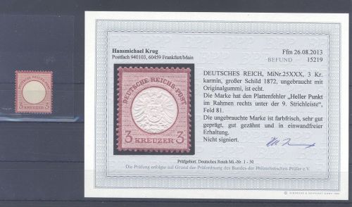 Dt. Reich Michel Nummer 25 XXX, 3 Kreuzer ungebraucht *, Befund BPP
