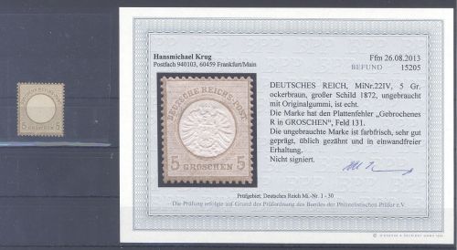 Dt. Reich Michel Nummer 22 IV, 5 Groschen ungebraucht *, Befund BPP