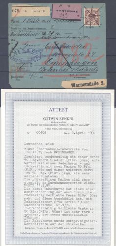 Dt. Reich Paketkarte 2 x Mi.Nr. 50aa, 50 Pfg. Adler -Krone 1889, FA BPP