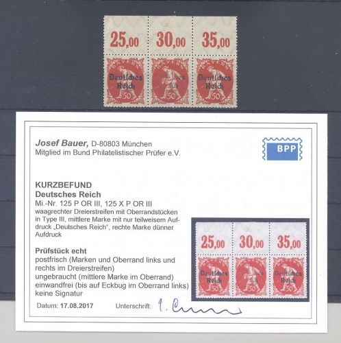 Dt. Reich Mi.Nr. 125 interessanter **-* POR Dreierstreifen, Befund BPP