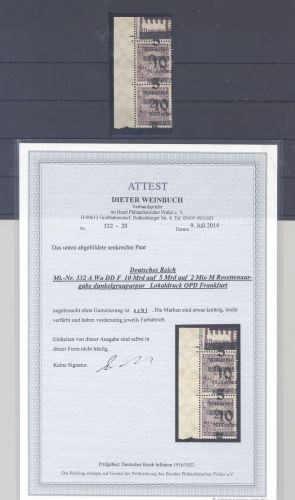 Dt. Reich Michel Nr. 332 A Wa DD F, 5 Mrd. 1923 im (*) Paar, FA BPP
