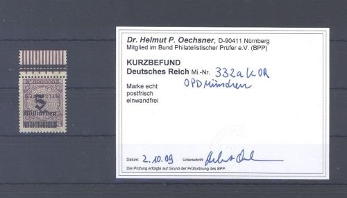Dt. Reich 332 A K OR, 5 Mrd. kopfst. Aufdruck ** Oberrand, Befund BPP