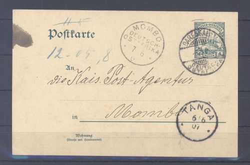 Dt. Kolonien Ostafrika, gelaufene GA 1907 an Postagentur Mombo