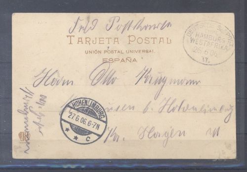 Dt. Schiffspost, Karte 1906 Linie Hamburg - Westafrika n. Hohenlimburg