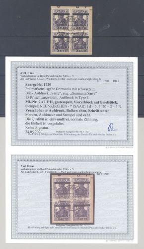 Saargebiet Michel Nr. 7 a I F II als gestempelter Viererblock, Befund BPP