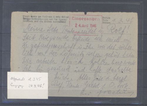 All. Besetzung, Überroller Brief vom 1.3.1945 als Kriegsgefangenpost