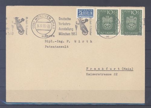Bund, Brief 2 x Michel Nummer 163, 10 Pfg. Museum 1953 als MeF